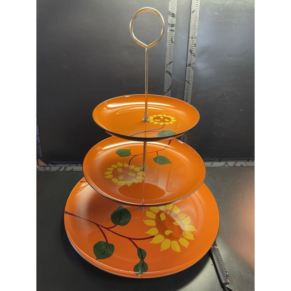 MCM 1965 Davar 3 Tier Serving Tray Lacquerware Decor Fruit Finial Orange Retro